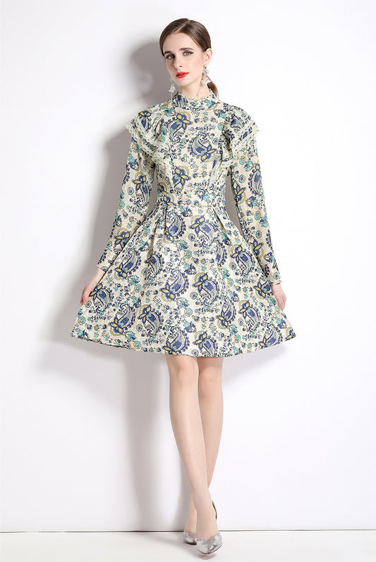 Retro Floral Long-sleeve Mini Dress