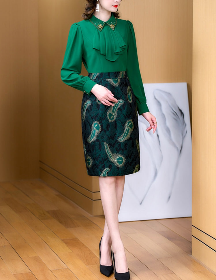 Green Fake Two Chic Office Wear Dress