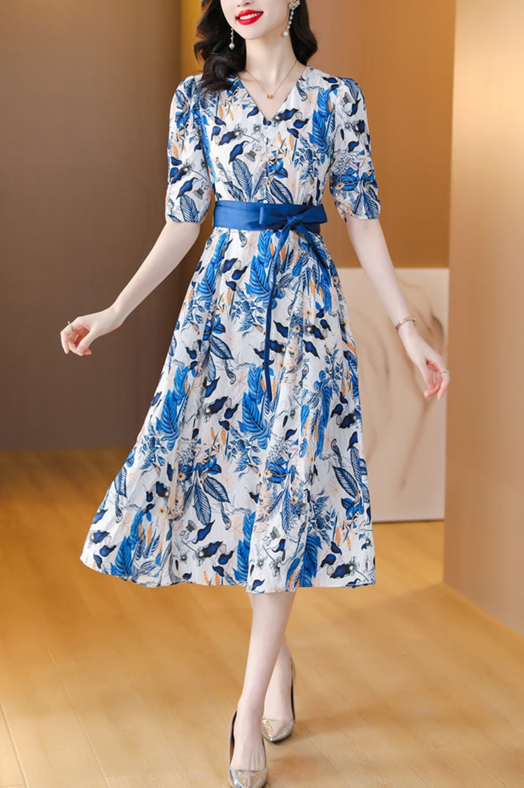 Blue Floral Tie Bubble Sleeve Mulberry Silk V-neck Dress