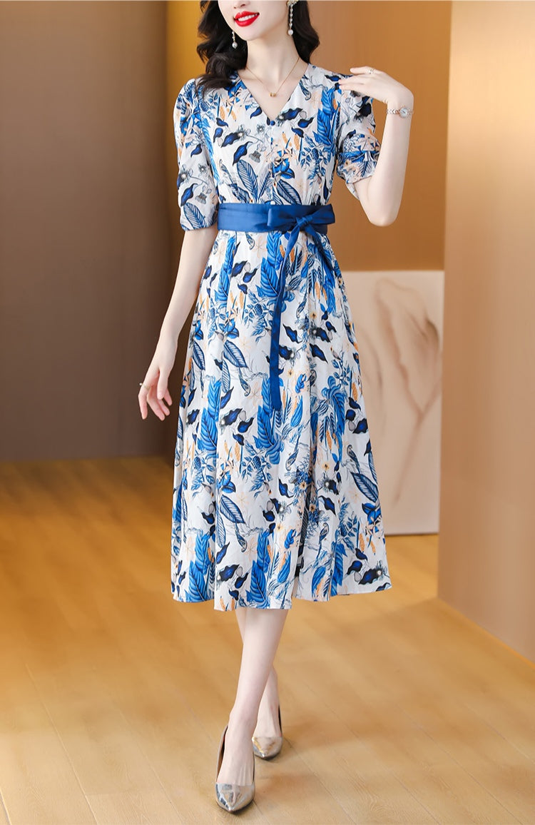 Blue Floral Tie Bubble Sleeve Mulberry Silk V-neck Dress