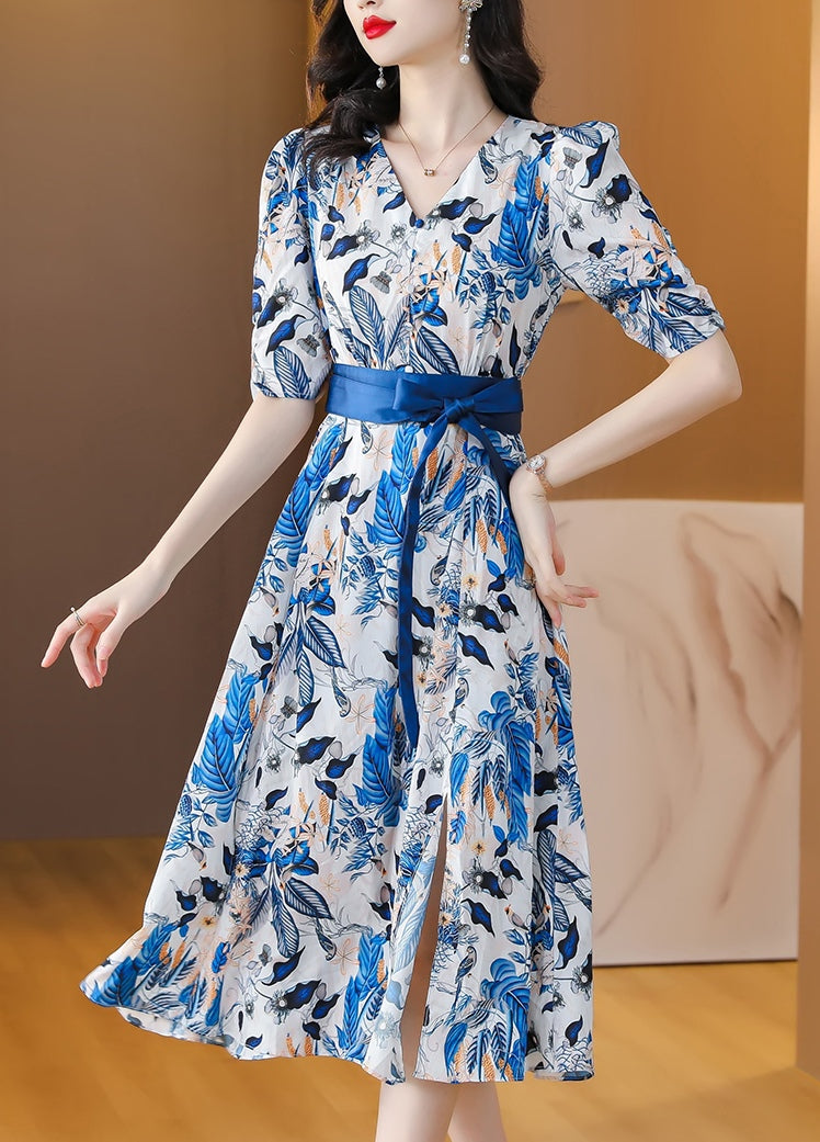 Blue Floral Tie Bubble Sleeve Mulberry Silk V-neck Dress