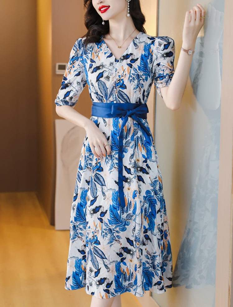 Blue Floral Tie Bubble Sleeve Mulberry Silk V-neck Dress