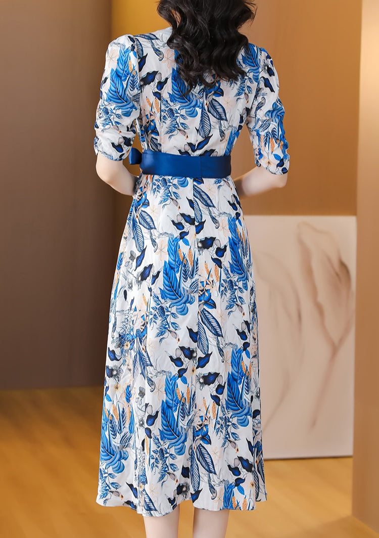 Blue Floral Tie Bubble Sleeve Mulberry Silk V-neck Dress