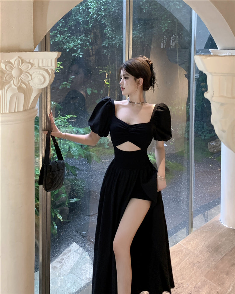 Black Hepburn Square Collar Retro Sexy Slit Dress