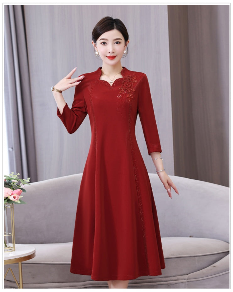 Dark Red V-neck Retro A-line Elegant Evening Dress