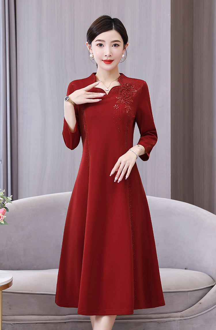 Dark Red V-neck Retro A-line Elegant Evening Dress