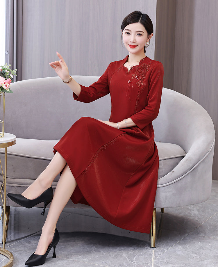 Dark Red V-neck Retro A-line Elegant Evening Dress