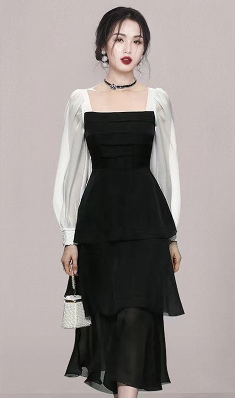 Square Neck Black and White Layered Dress