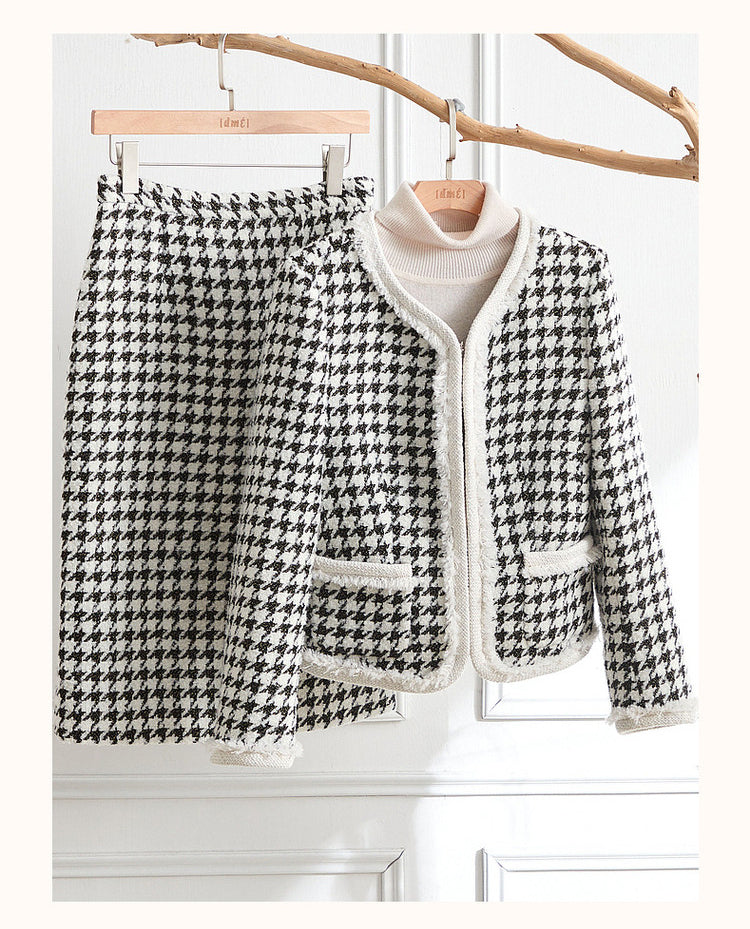 Round Neck Plaid Jacket + Skirt Two Pieces Suit Set