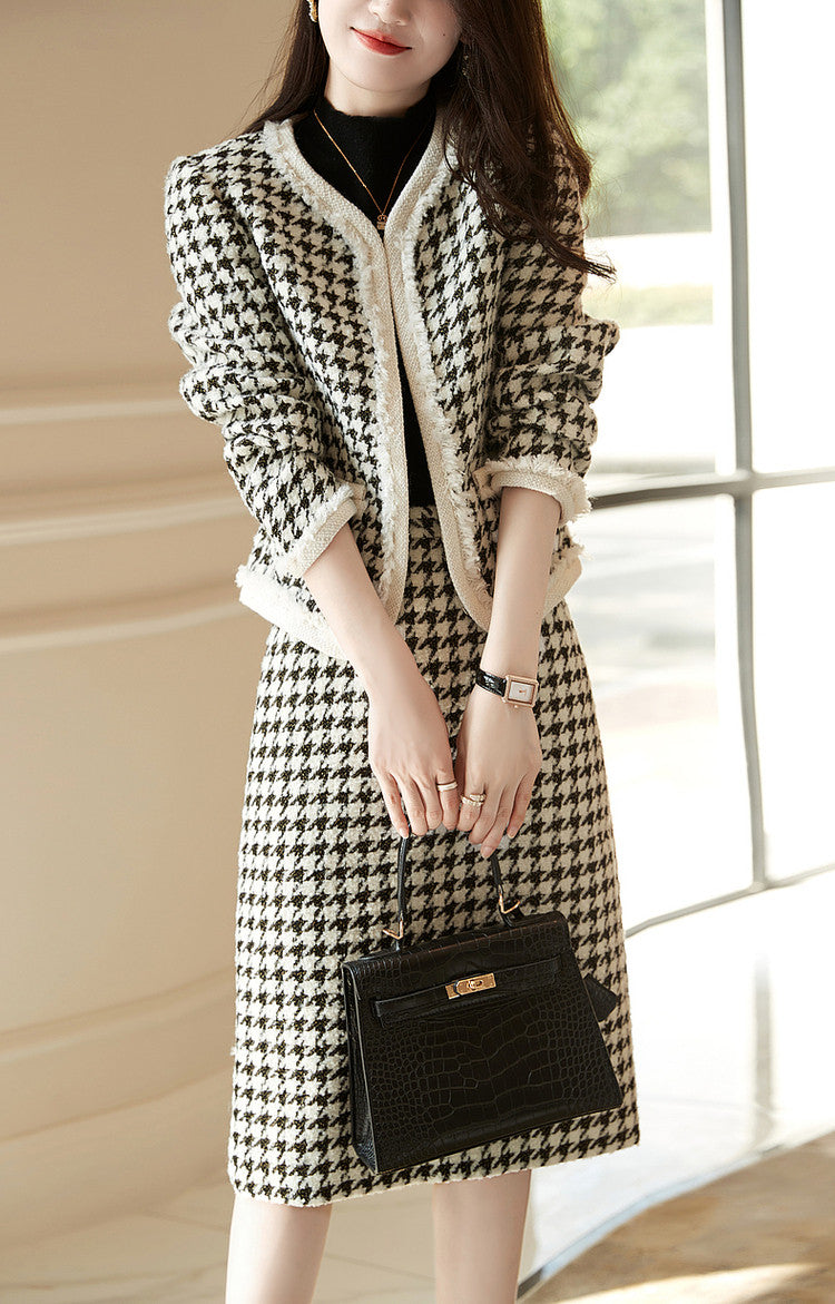 Round Neck Plaid Jacket + Skirt Two Pieces Suit Set