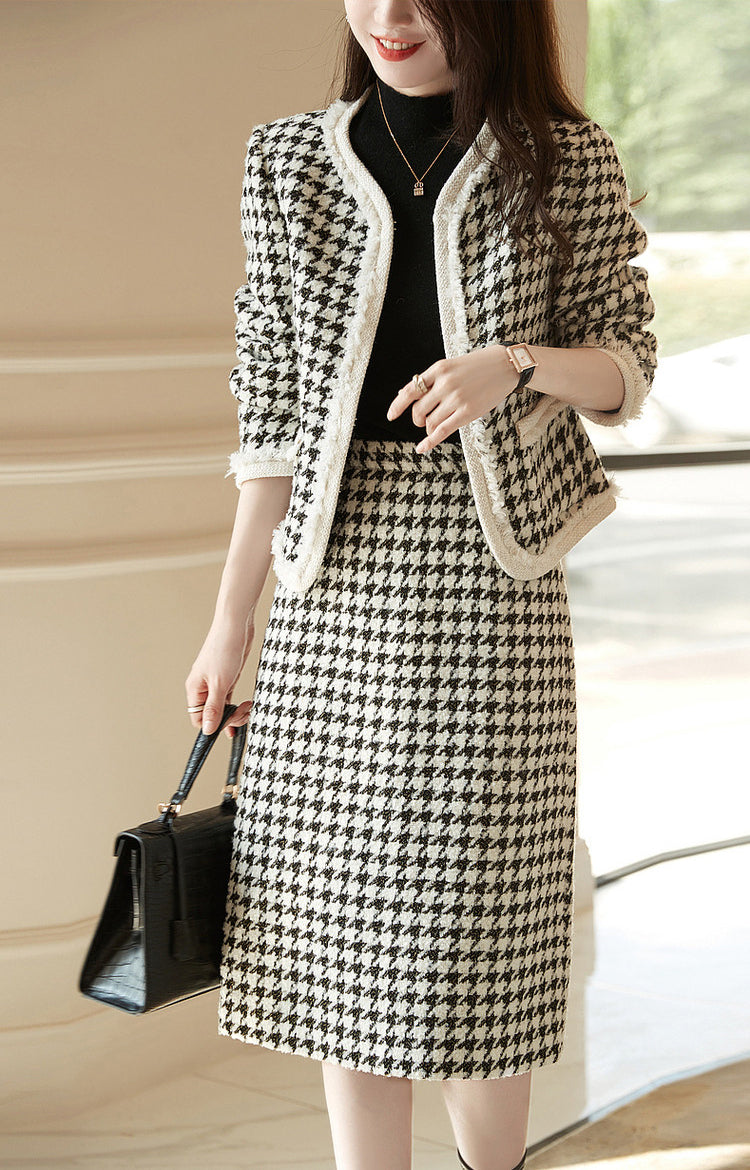 Round Neck Plaid Jacket + Skirt Two Pieces Suit Set