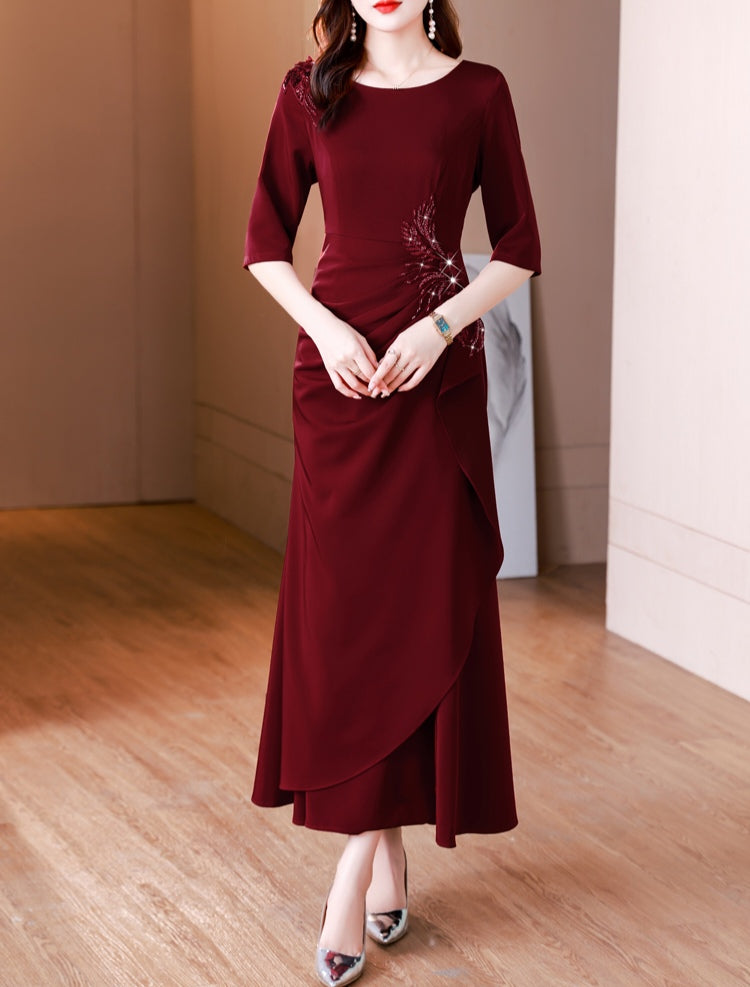 Dark Red High End Elegant Pleated Evening Dress