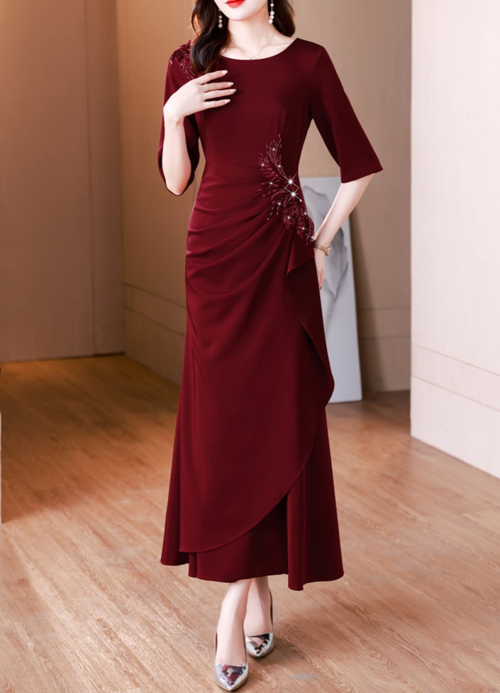 Dark Red High End Elegant Pleated Evening Dress