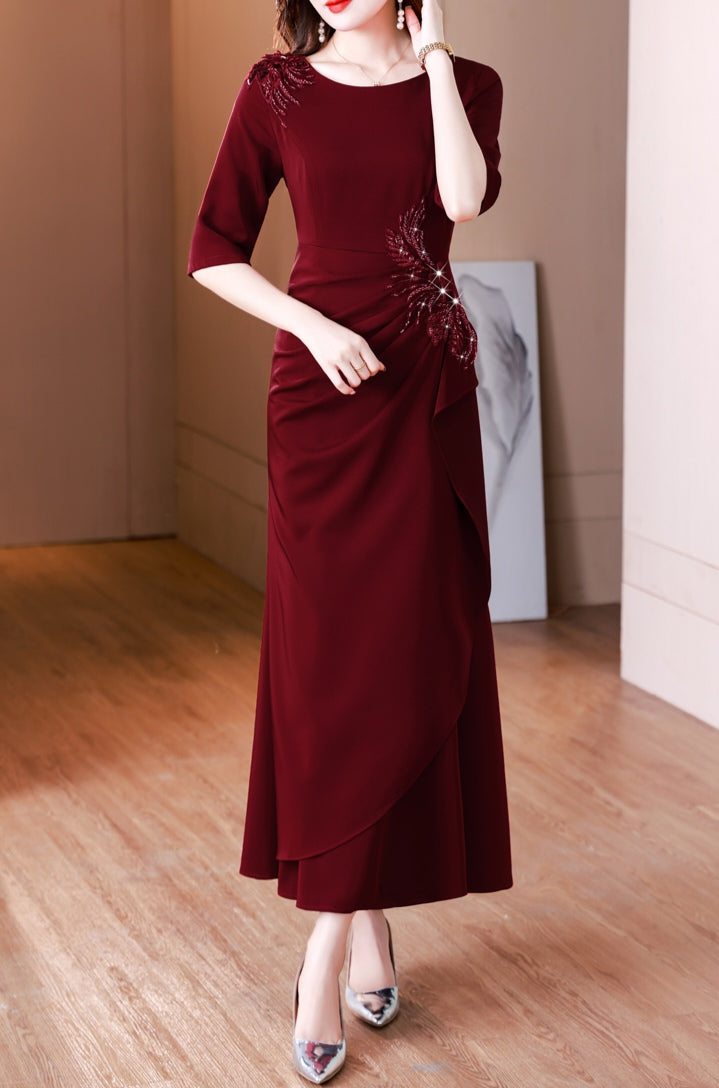 Dark Red High End Elegant Pleated Evening Dress