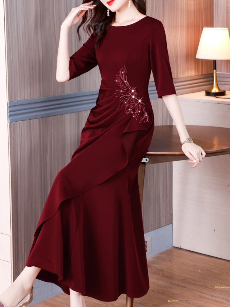 Dark Red High End Elegant Pleated Evening Dress