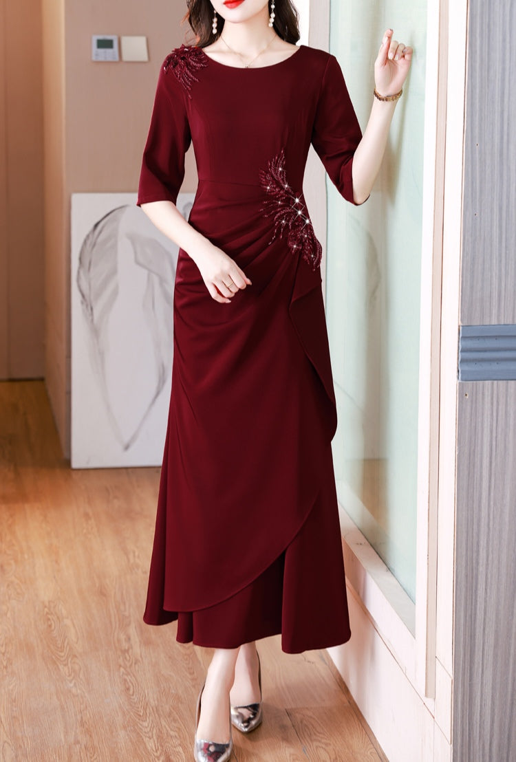 Dark Red High End Elegant Pleated Evening Dress