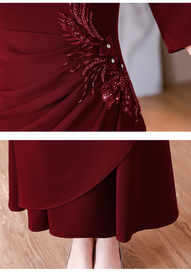 Dark Red High End Elegant Pleated Evening Dress