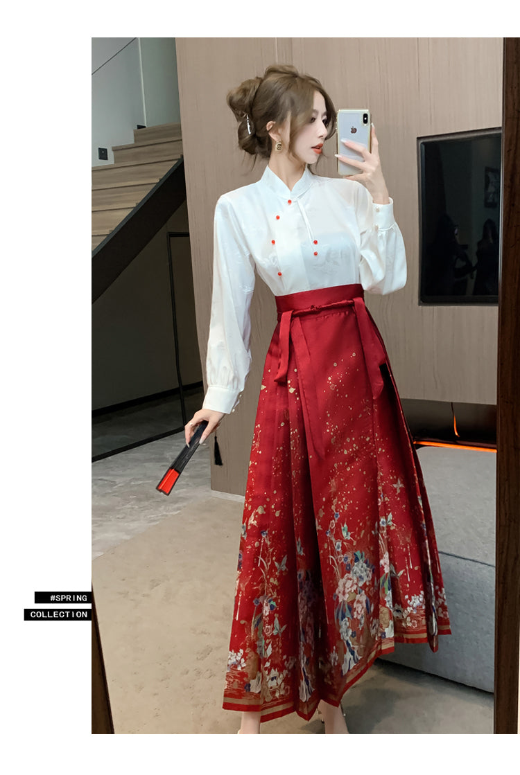 White Long-sleeve Shirt + Red Hanfu Adjustable Skirt Two Pieces Set