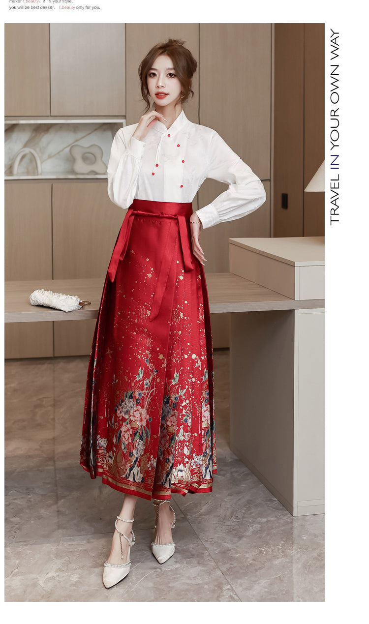 White Long-sleeve Shirt + Red Hanfu Adjustable Skirt Two Pieces Set