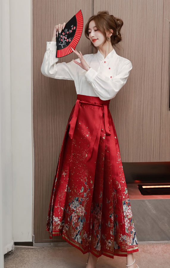 White Long-sleeve Shirt + Red Hanfu Adjustable Skirt Two Pieces Set