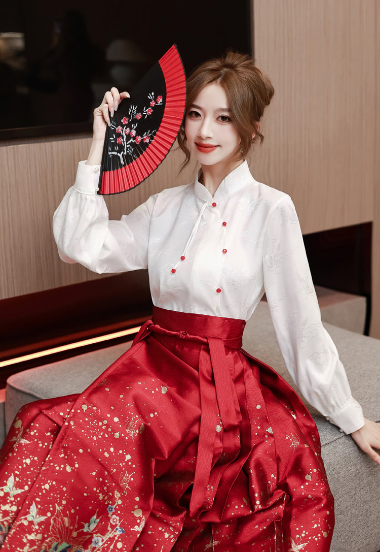 White Long-sleeve Shirt + Red Hanfu Adjustable Skirt Two Pieces Set