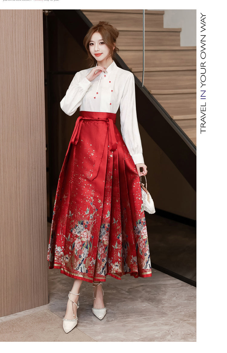 White Long-sleeve Shirt + Red Hanfu Adjustable Skirt Two Pieces Set