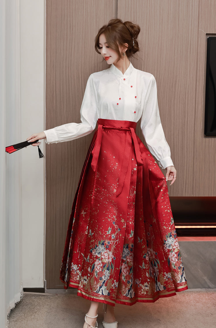 White Long-sleeve Shirt + Red Hanfu Adjustable Skirt Two Pieces Set