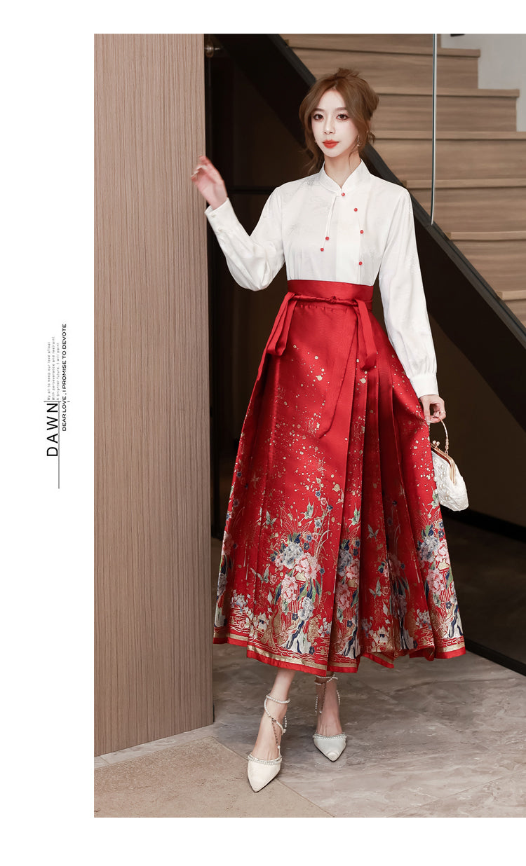 White Long-sleeve Shirt + Red Hanfu Adjustable Skirt Two Pieces Set