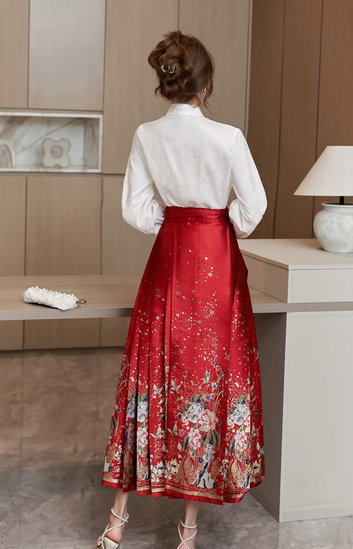 White Long-sleeve Shirt + Red Hanfu Adjustable Skirt Two Pieces Set