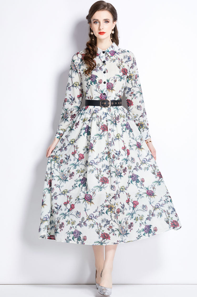 Floral Lapel A-line Long Dress