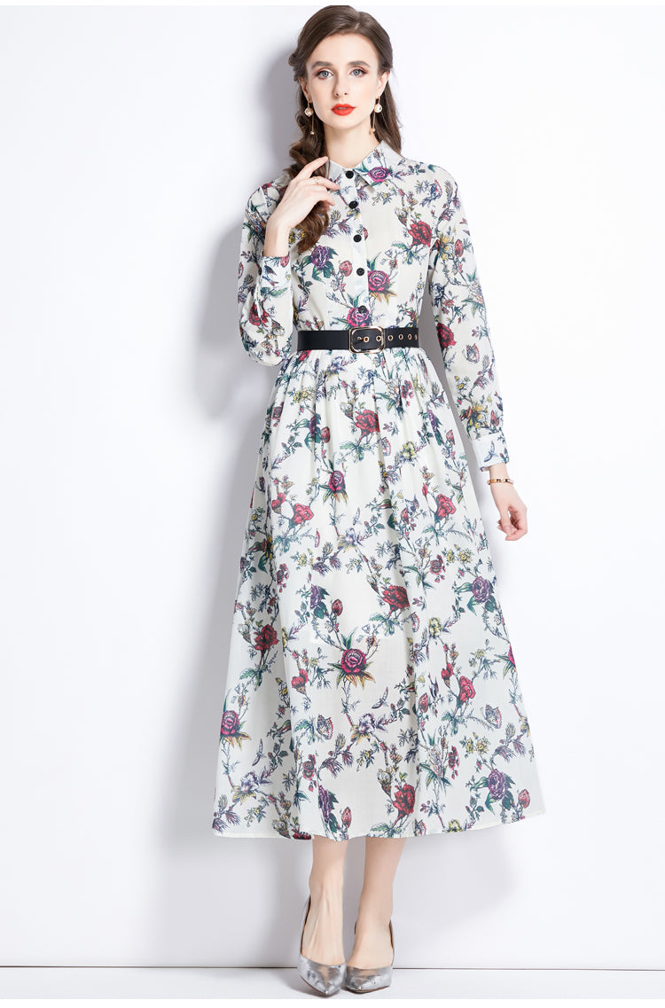 Floral Lapel A-line Long Dress