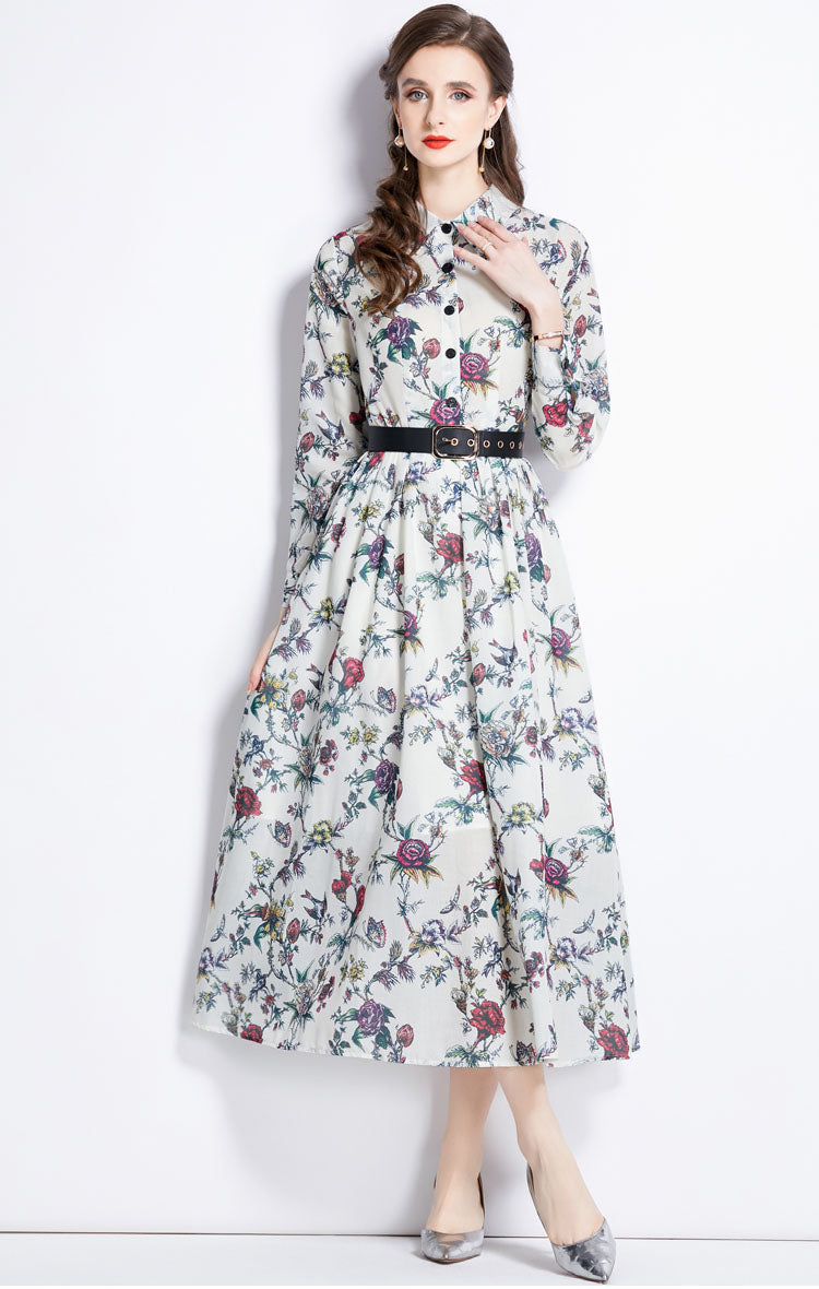 Floral Lapel A-line Long Dress