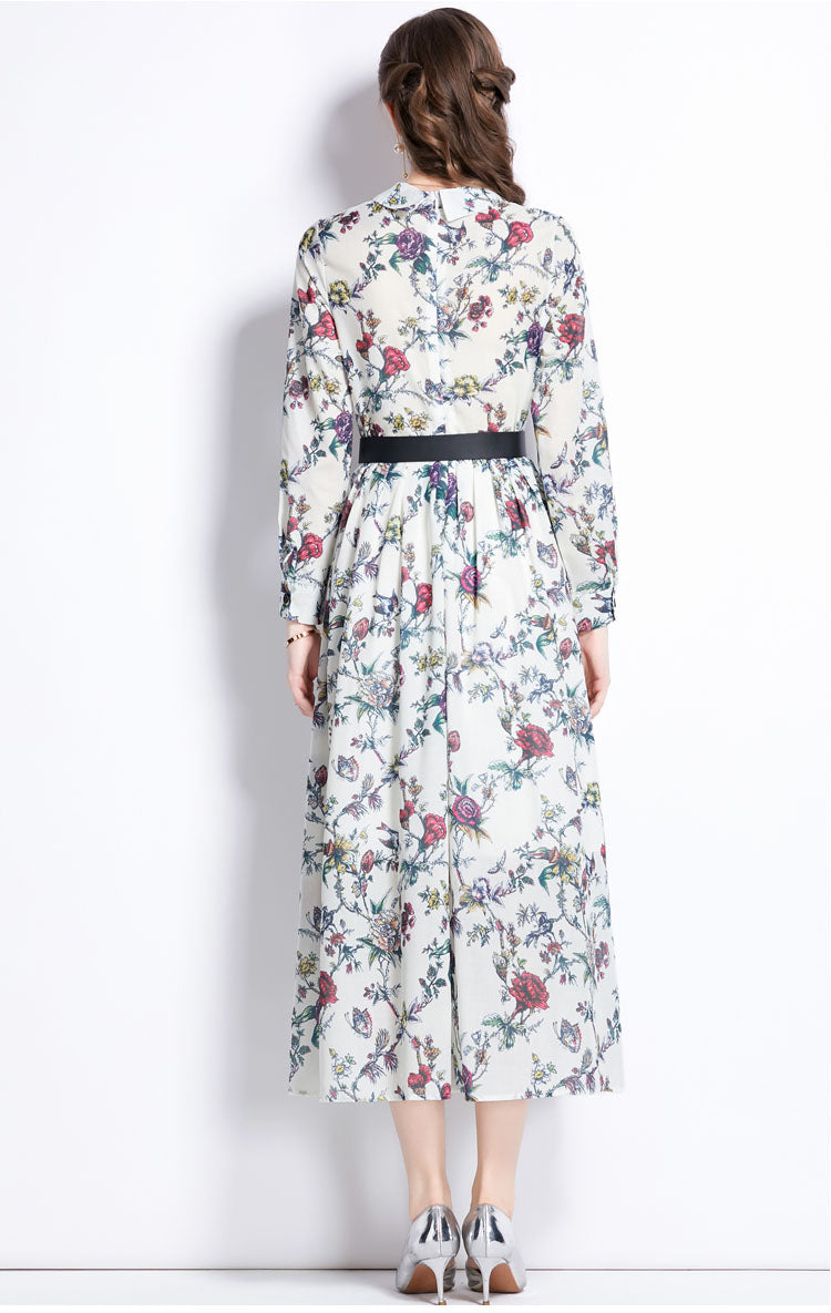 Floral Lapel A-line Long Dress