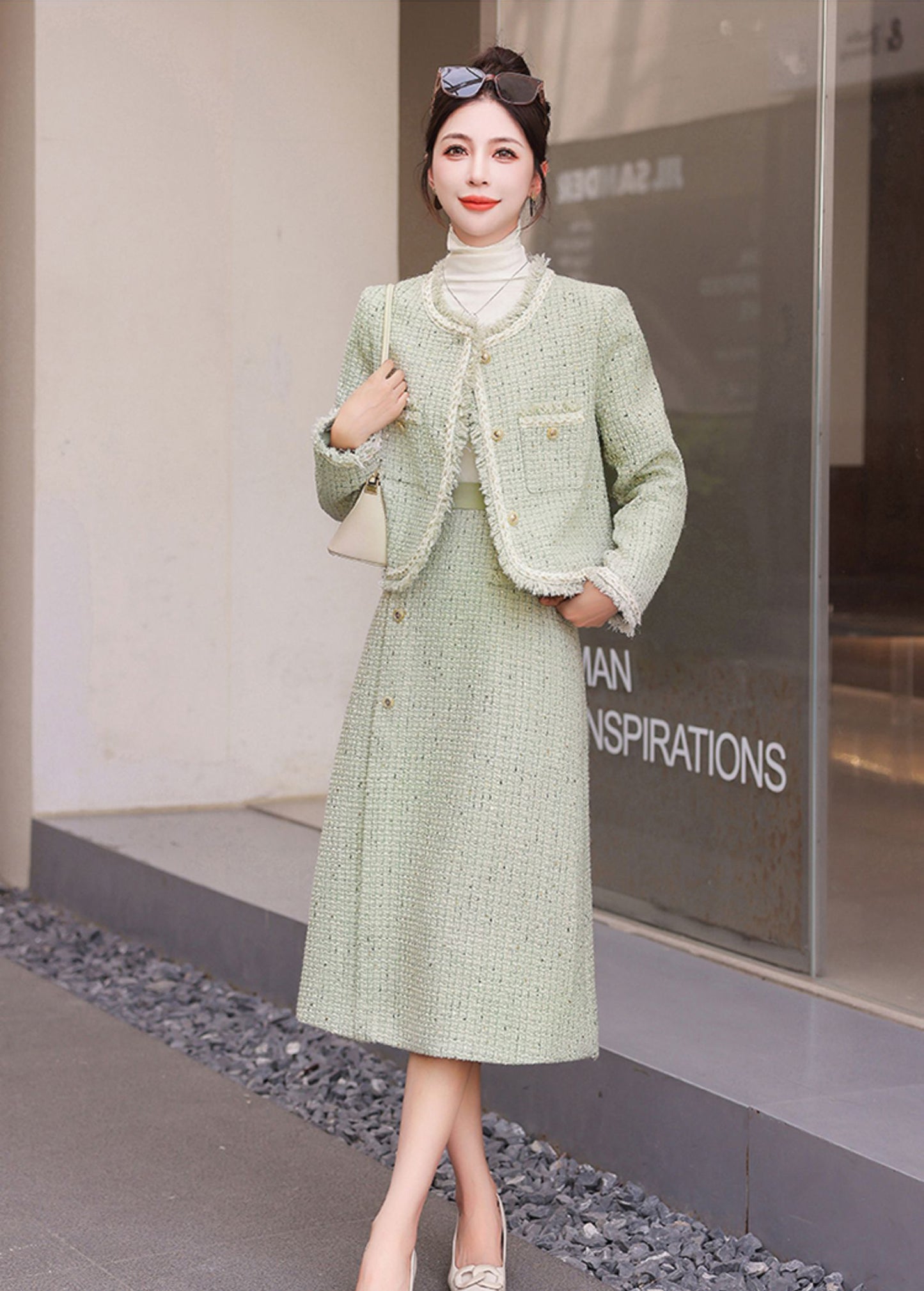 Light Green Tweed Jacket + Skirt Two Pieces Suit Set