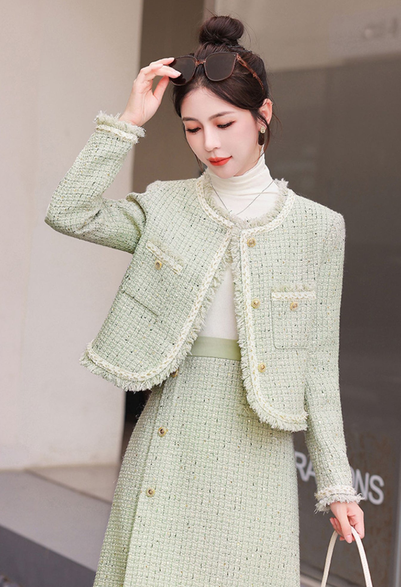 Light Green Tweed Jacket + Skirt Two Pieces Suit Set