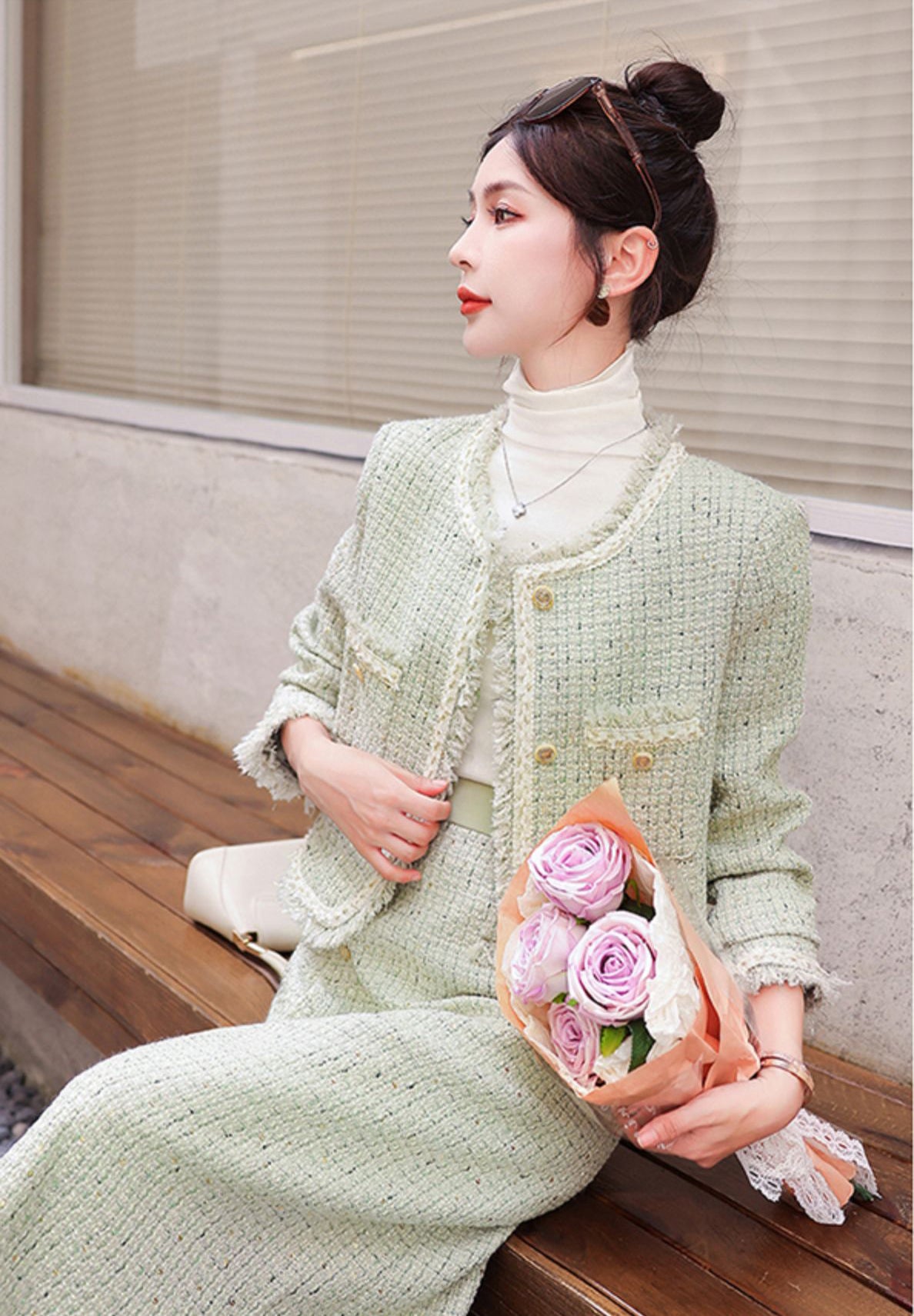 Light Green Tweed Jacket + Skirt Two Pieces Suit Set