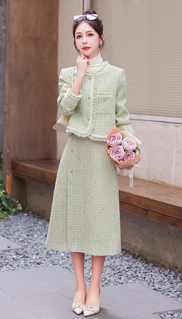 Light Green Tweed Jacket + Skirt Two Pieces Suit Set