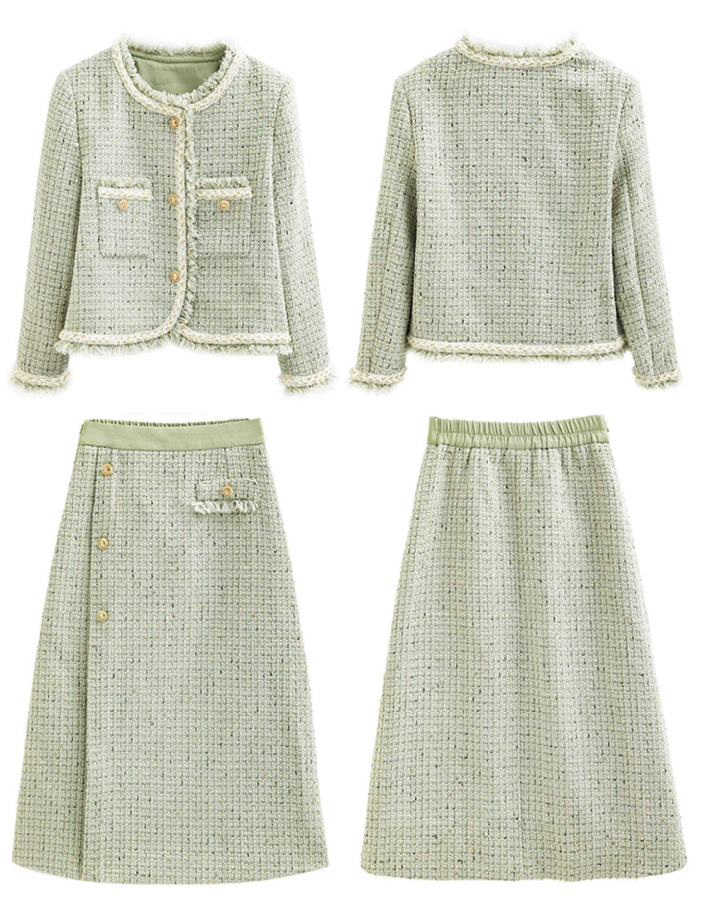 Light Green Tweed Jacket + Skirt Two Pieces Suit Set