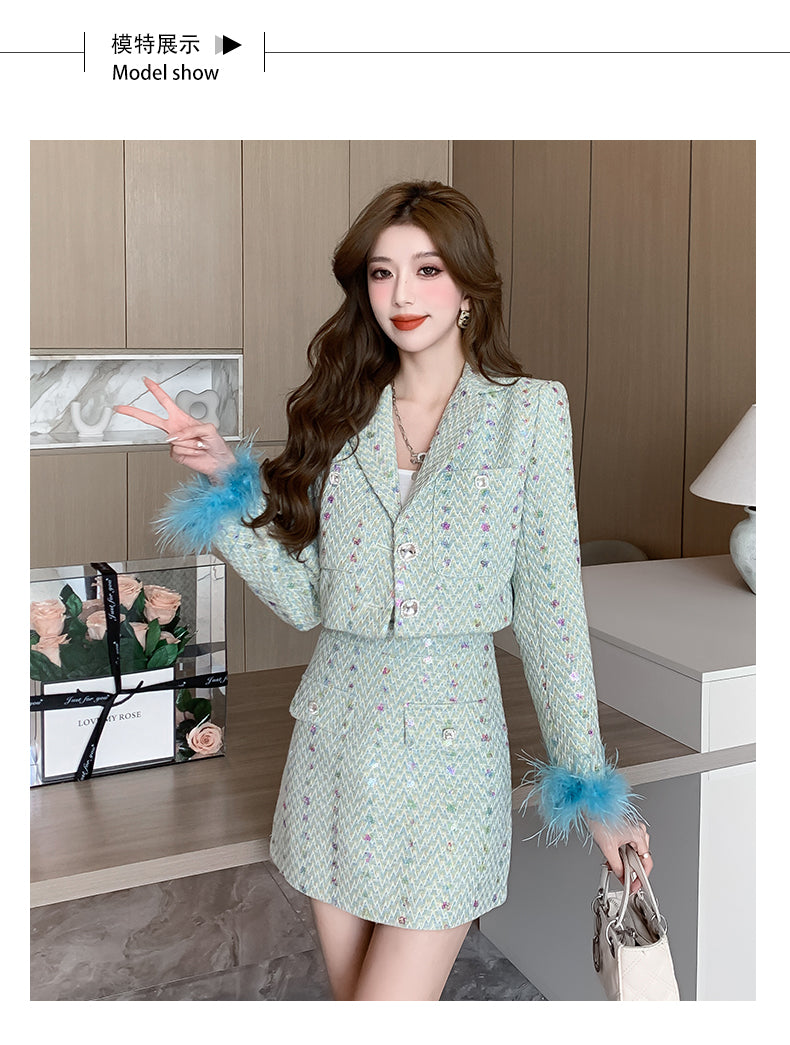 Green High End Sequined Suit Jacket + Mini Skirt Two Pieces Set