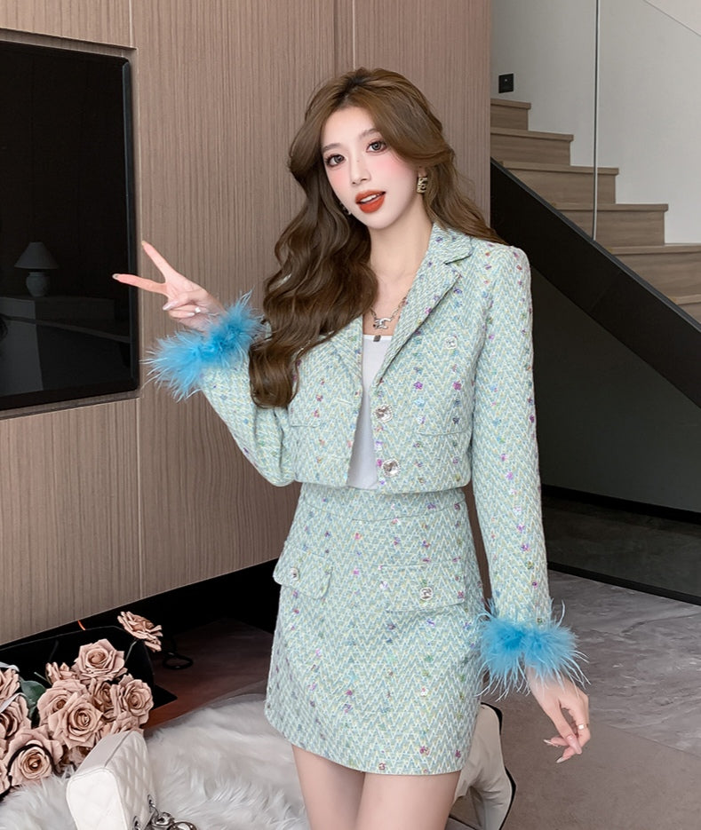 Green High End Sequined Suit Jacket + Mini Skirt Two Pieces Set