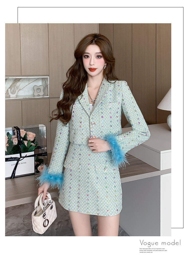 Green High End Sequined Suit Jacket + Mini Skirt Two Pieces Set