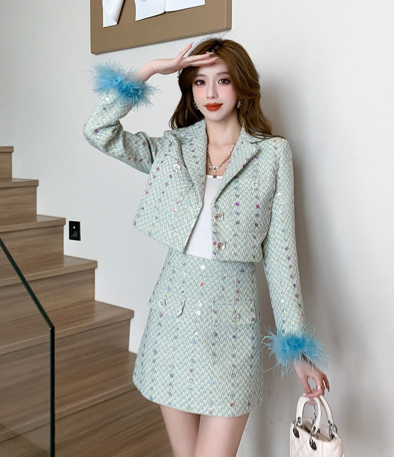 Green High End Sequined Suit Jacket + Mini Skirt Two Pieces Set