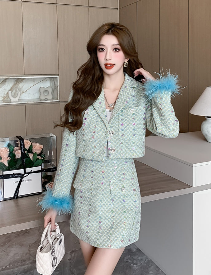 Green High End Sequined Suit Jacket + Mini Skirt Two Pieces Set