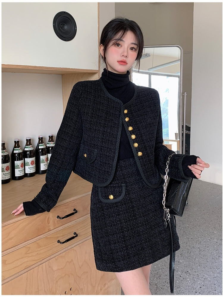 Elegant Tweed Jacket + Skirt Two-piece Suit Set