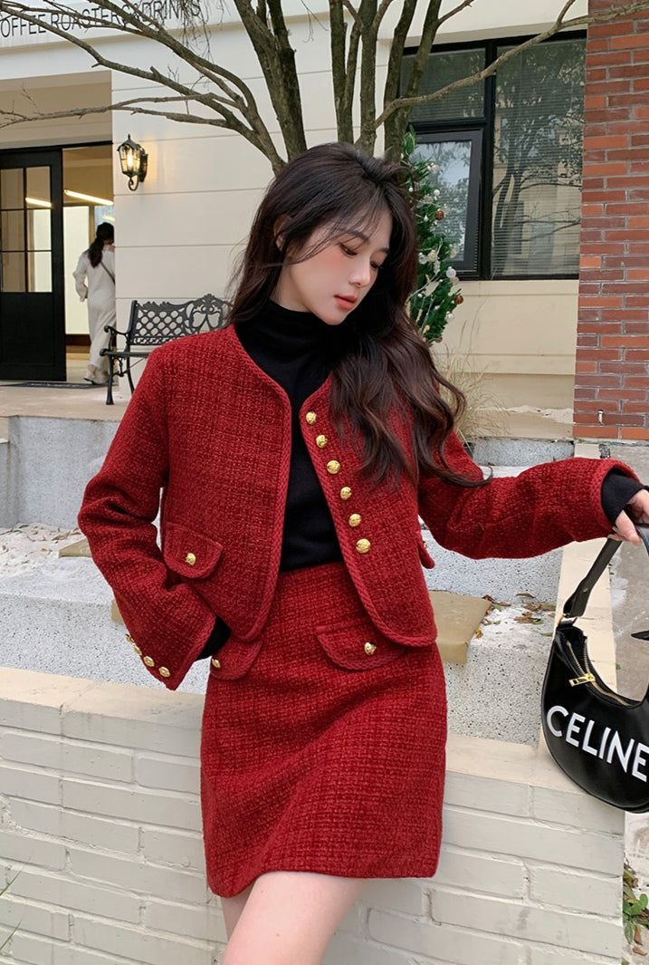 Elegant Tweed Jacket + Skirt Two-piece Suit Set