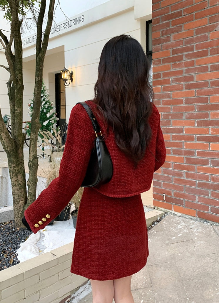 Elegant Tweed Jacket + Skirt Two-piece Suit Set