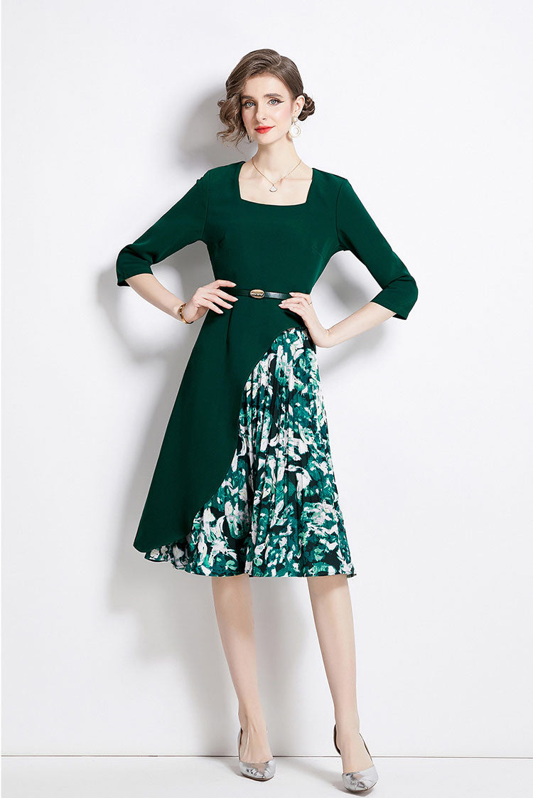 Green Floral Splicing Square Collar Dress