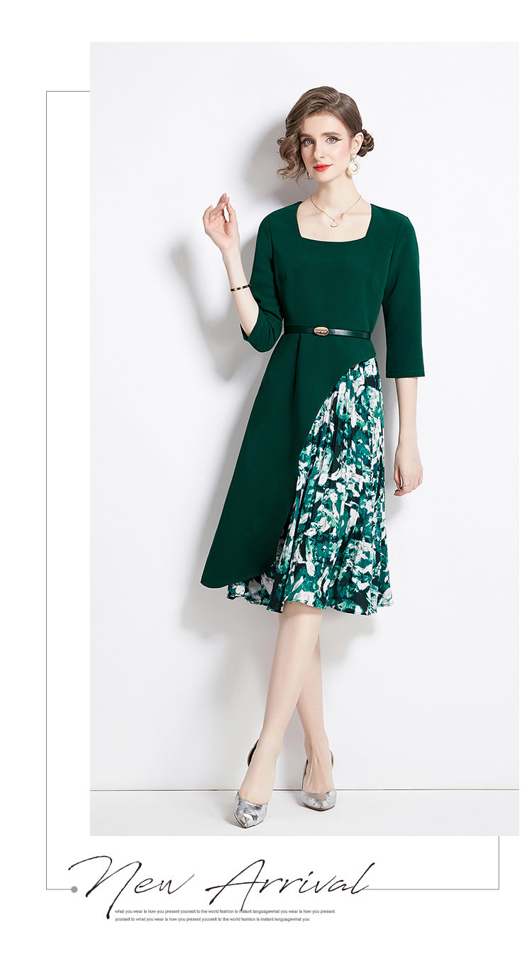 Green Floral Splicing Square Collar Dress