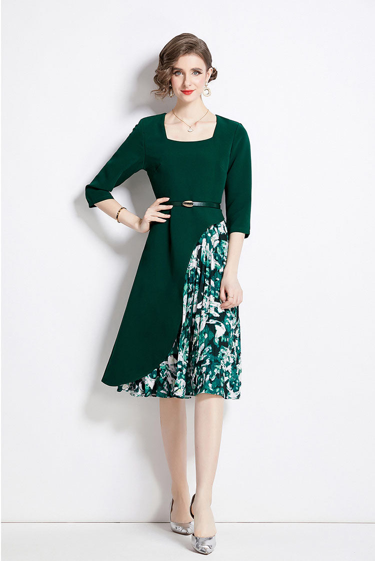 Green Floral Splicing Square Collar Dress