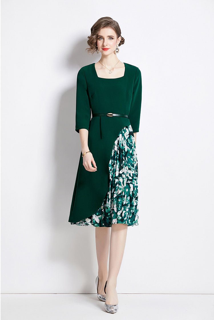 Green Floral Splicing Square Collar Dress